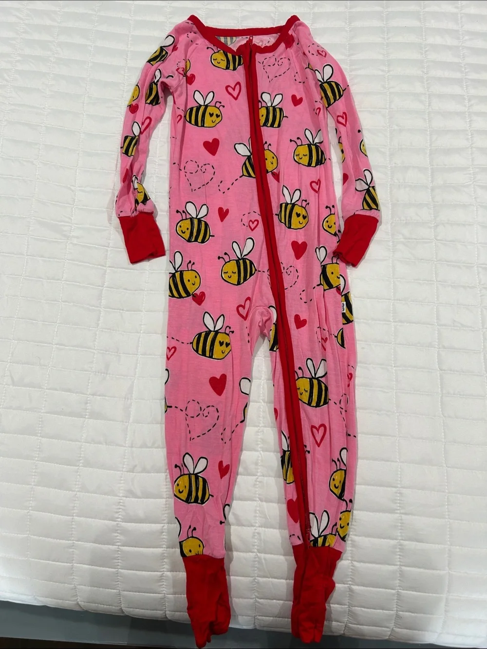 Little Sleepies Pink Bee Print Footed One-Piece Pajamas with Red Trim